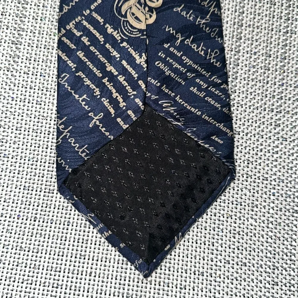 Museum Artifacts Navy Ivory Cursive Print Textured Silk Tie
